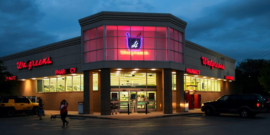 night view of Walgreens store to answer Does Walgreens sell stamps